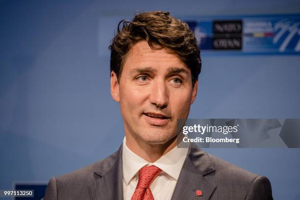 Justin Trudeau, Canada's prime minister, speaks during a news conference at the North Atlantic Treaty Organization summit in Brussels, Belgium, on...