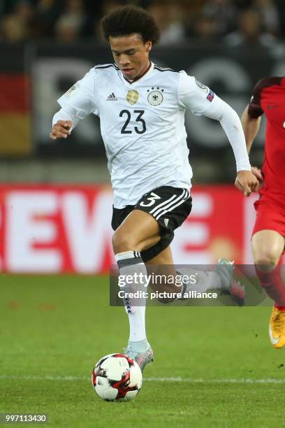 Germany's Leroy Sane in action during the World Cup Group C soccer qualifier match between Germany and Azerbaijan at the Fritz Walter Stadium in...