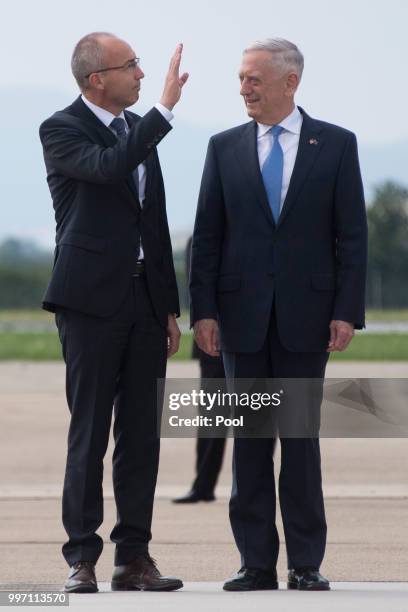 Secretary of Defense James Mattis is welcomed by Croatian Minister of Defense Damir Krsticevic upon landing on July 12, 2018 in Zagreb, Croatia.