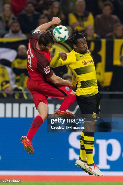 David Abraham of Frankfurt and Michy Batshuayi of Dortmund battle for the ball during the Bundesliga match between Borussia Dortmund and Eintracht...