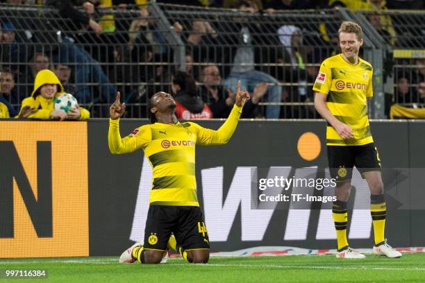 Michy Batshuayi of Dortmund celebrates after scoring his team`s third goal during the Bundesliga match between Borussia Dortmund and Eintracht...