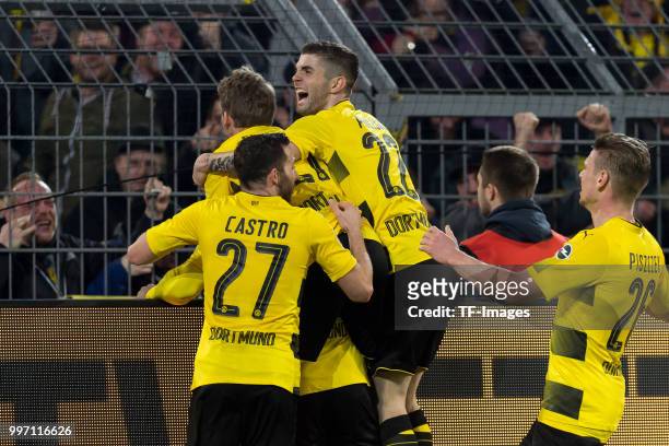 Michy Batshuayi of Dortmund celebrates after scoring his team`s third goal with team mates during the Bundesliga match between Borussia Dortmund and...