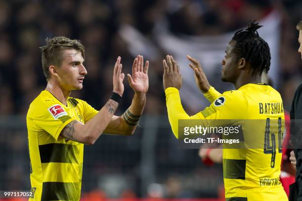 Michy Batshuayi of Dortmund comes on as a substitute for Maximilian Philipp of Dortmund during the Bundesliga match between Borussia Dortmund and...