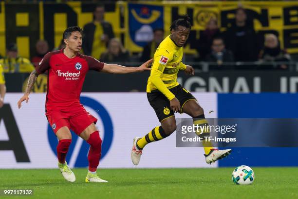 Carlos Salcedo of Frankfurt and Michy Batshuayi of Dortmund battle for the ball during the Bundesliga match between Borussia Dortmund and Eintracht...