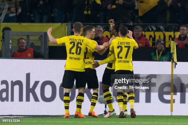 Michy Batshuayi of Dortmund celebrates after scoring his team`s second goal with team mates during the Bundesliga match between Borussia Dortmund and...