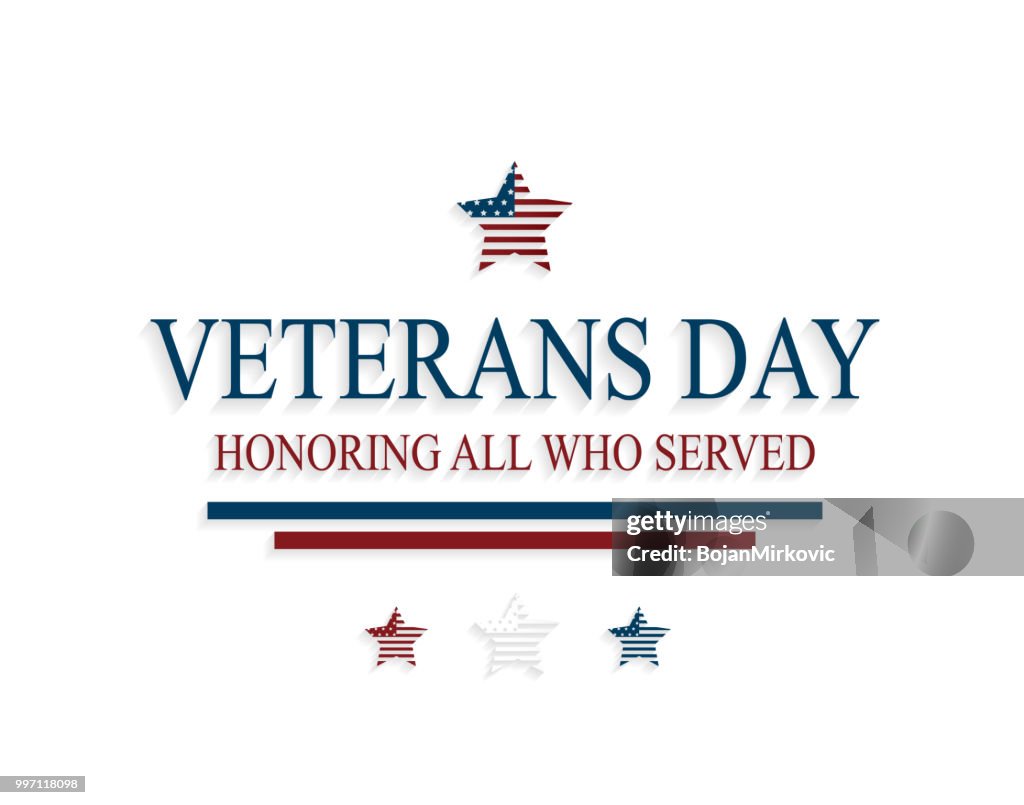 Biglietto d'auguri per il Veterans Day con stelle su sfondo bianco. Onorare tutti coloro che hanno servito. Illustrazione vettoriale.