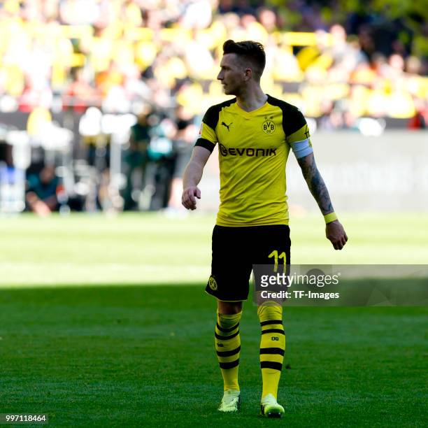 Marco Reus of Dortmund looks on during the Bundesliga match between Borussia Dortmund and 1. FSV Mainz 05 at Signal Iduna Park on May 5, 2018 in...