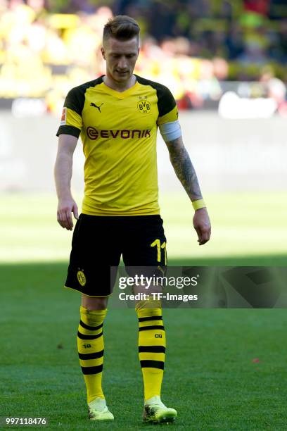 Marco Reus of Dortmund looks on during the Bundesliga match between Borussia Dortmund and 1. FSV Mainz 05 at Signal Iduna Park on May 5, 2018 in...