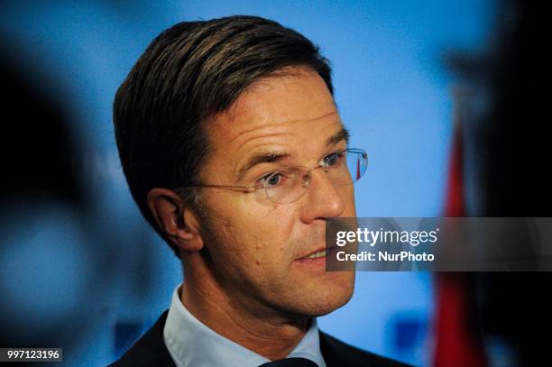 Dutch PM Mark Rutte is seen talking to journalists in Brussels, Belgium on July 12, 2018 during the NATO Summit. Mister Rutte reiterated US president...