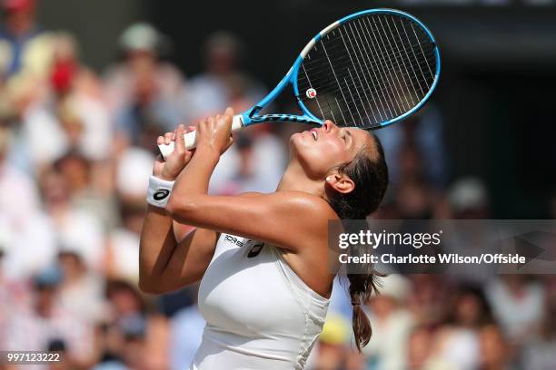 Womens Singles, Semi-Final - Julia Goerges v Serena Williams - A dejected Julia Goerges looks up towards the sky at All England Lawn Tennis and...