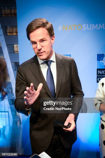 Dutch PM Mark Rutte is seen talking to journalists in Brussels, Belgium on July 12, 2018 during the NATO Summit. Mister Rutte reiterated US president...