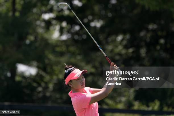 Lucy Li hits her tee shot on the first hole during Round Two of the Girls Junior PGA Championship held at Kearney Hill Golf Links on July 10, 2018 in...