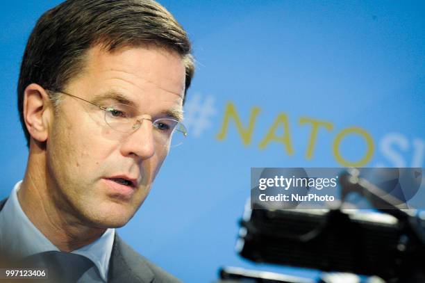 Dutch PM Mark Rutte is seen talking to journalists in Brussels, Belgium on July 12, 2018 during the NATO Summit. Mister Rutte reiterated US president...