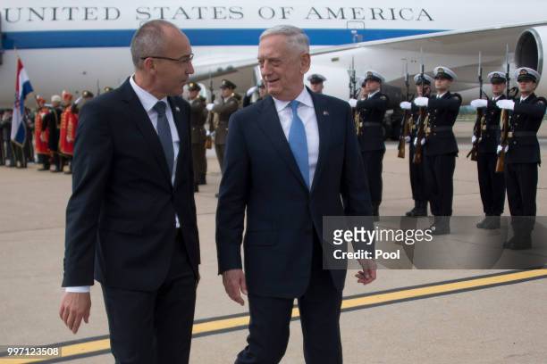 Secretary of Defense James Mattis is greeted by Croatian Minister of Defense Damir Krsticevic during a Welcoming Ceremony upon landing on July 12,...