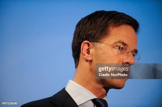 Dutch PM Mark Rutte is seen talking to journalists in Brussels, Belgium on July 12, 2018 during the NATO Summit. Mister Rutte reiterated US president...