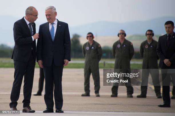 Secretary of Defense James Mattis is greeted by Croatian Minister of Defense Damir Krsticevic during a Welcoming Ceremony upon landing on July 12,...