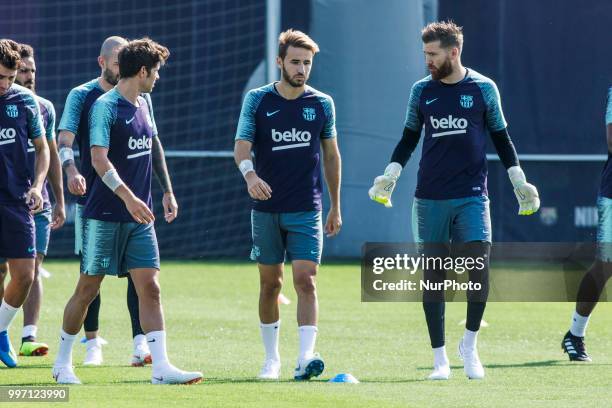 Sergi Samper from Spain and Adria Ortola from Spain during the first FC Barcelona training session of the 2018/2019 La Liga pre season in Ciutat...