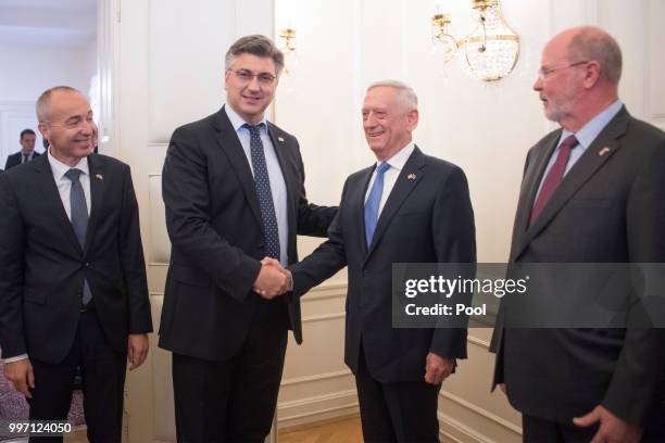 Secretary of Defense James Mattis is greeted by Croatian Prime Minister Andrej Plenkovic on July 12, 2018 in Zagreb, Croatia.
