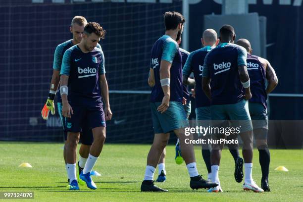 Munir El Haddadi from Spain during the first FC Barcelona training session of the 2018/2019 La Liga pre season in Ciutat Esportiva Joan Gamper,...