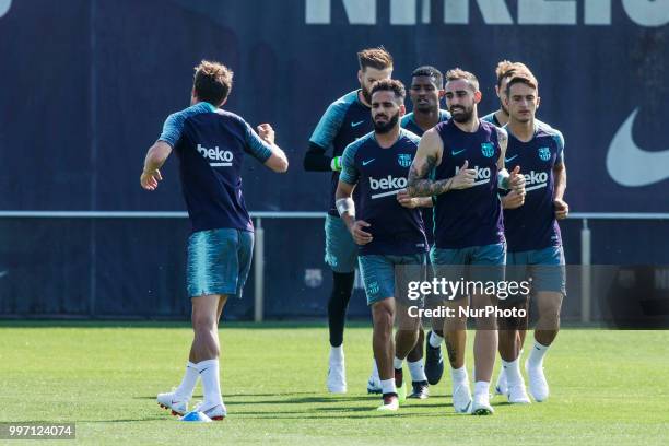 Paco Alcacer from Spain, Douglas Pereira from Brasil during the first FC Barcelona training session of the 2018/2019 La Liga pre season in Ciutat...