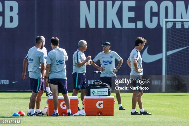 Ernesto Valverde from Spain and his staff during the first FC Barcelona training session of the 2018/2019 La Liga pre season in Ciutat Esportiva Joan...
