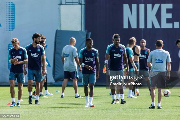 Nelson Semedo from Portugal and Marlon Santos from Brasil during the first FC Barcelona training session of the 2018/2019 La Liga pre season in...