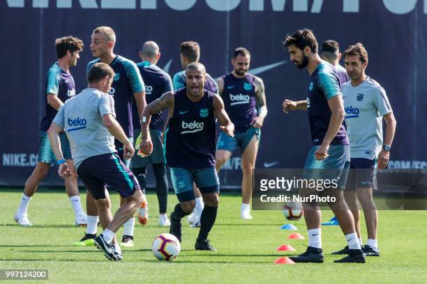 Rafinha Alcantara from Brasil and Andre Gomes from Portugal during the first FC Barcelona training session of the 2018/2019 La Liga pre season in...