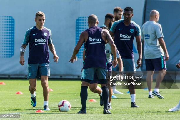Lucas Digne from France, Marlon Santos from Brasil and Rafinha Alcantara from Brasil during the first FC Barcelona training session of the 2018/2019...