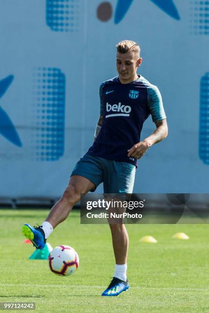 Lucas Digne from France during the first FC Barcelona training session of the 2018/2019 La Liga pre season in Ciutat Esportiva Joan Gamper, Barcelona...
