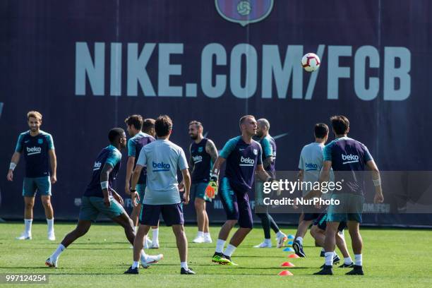 Jasper Cillessen from Holland during the first FC Barcelona training session of the 2018/2019 La Liga pre season in Ciutat Esportiva Joan Gamper,...