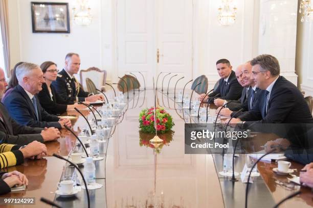 Secretary of Defense James Mattis meets with Croatian Prime Minister Andrej Plenkovic on July 12, 2018 in Zagreb, Croatia.