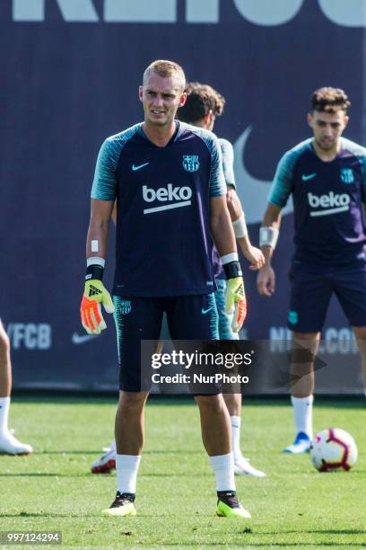 Jasper Cillessen from Holland during the first FC Barcelona training session of the 2018/2019 La Liga pre season in Ciutat Esportiva Joan Gamper,...