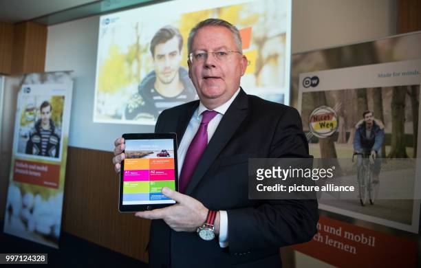 Peter Limbourg, Director-General of Deutsche Welle, presents the new language learning programme "Nicos Weg" at a press conference in Berlin,...