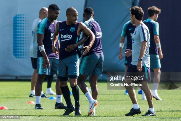 Rafinha Alcantara from Brasil and Nelson Semedo from Portugal during the first FC Barcelona training session of the 2018/2019 La Liga pre season in...