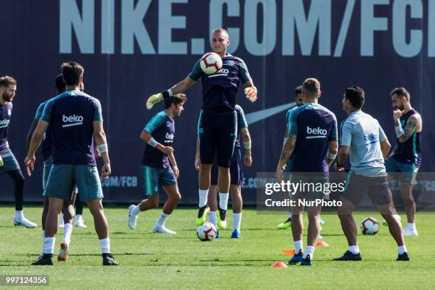 Jasper Cillessen from Holland during the first FC Barcelona training session of the 2018/2019 La Liga pre season in Ciutat Esportiva Joan Gamper,...