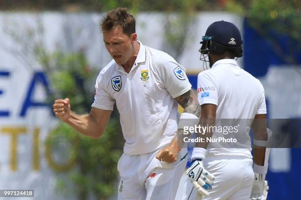 South African cricketer Dale Steyn celebrates after taking a wicket during the 1st Day's play of the 1st Test match between Sri Lanka and South...