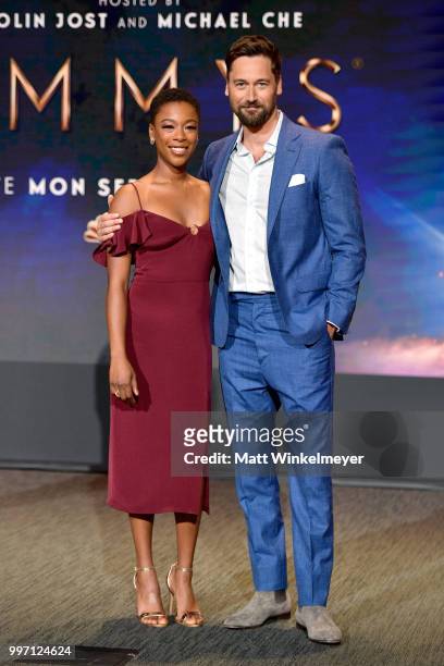 Samira Wiley and Ryan Eggold attend the 70th Emmy Awards Nominations Announcement at Saban Media Center on July 12, 2018 in North Hollywood,...