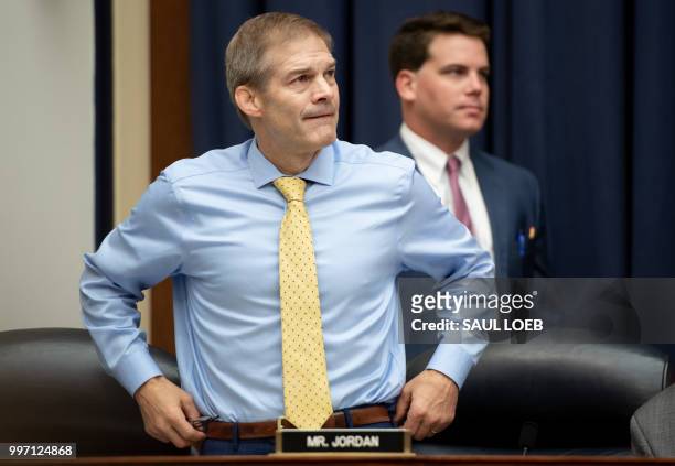 Representative Jim Jordan, Republican of Ohio, attends a House Joint committee hearing with witness Deputy Assistant FBI Director Peter Strzok as he...