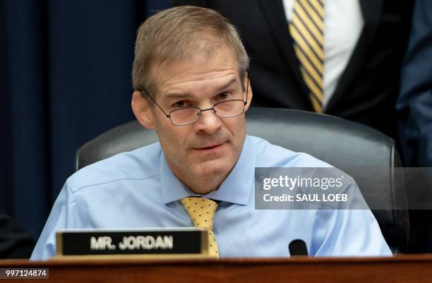 Representative Jim Jordan, Republican of Ohio, attends a House Joint committee hearing with witness Deputy Assistant FBI Director Peter Strzok as he...