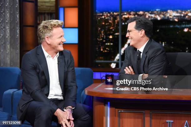 The Late Show with Stephen Colbert and guest Gordon Ramsay during Monday's July 9, 2018 show.