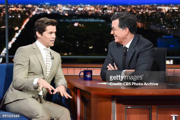 The Late Show with Stephen Colbert and guest Andrew Rannells during Monday's July 9, 2018 show.