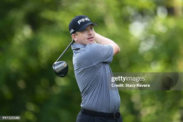 Martin Piller hits his tee shot on the 15th hole during the first round of the John Deere Classic at TPC Deere Run on July 12, 2018 in Silvis,...