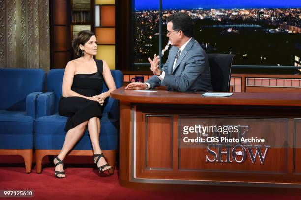The Late Show with Stephen Colbert and guest Neve Campbell during Tuesday's July 10, 2018 show.