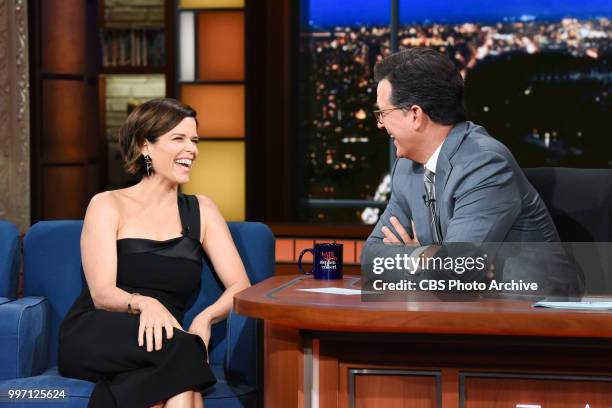 The Late Show with Stephen Colbert and guest Neve Campbell during Tuesday's July 10, 2018 show.