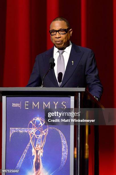 Television Academy Chairman and CEO Hayma Washington speaks onstage during the 70th Emmy Awards Nominations Announcement at Saban Media Center on...