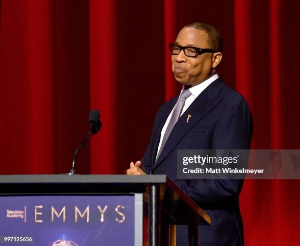 Television Academy Chairman and CEO Hayma Washington speaks onstage during the 70th Emmy Awards Nominations Announcement at Saban Media Center on...