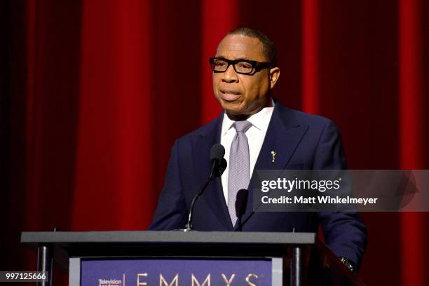 Television Academy Chairman and CEO Hayma Washington speaks onstage during the 70th Emmy Awards Nominations Announcement at Saban Media Center on...