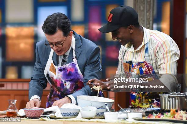 The Late Show with Stephen Colbert and guest Marcus Samuelsson during Tuesday's July 10, 2018 show.