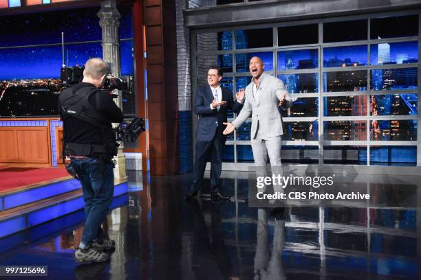 The Late Show with Stephen Colbert and guest Dwayne Johnson during Wednesday's July 11, 2018 show.