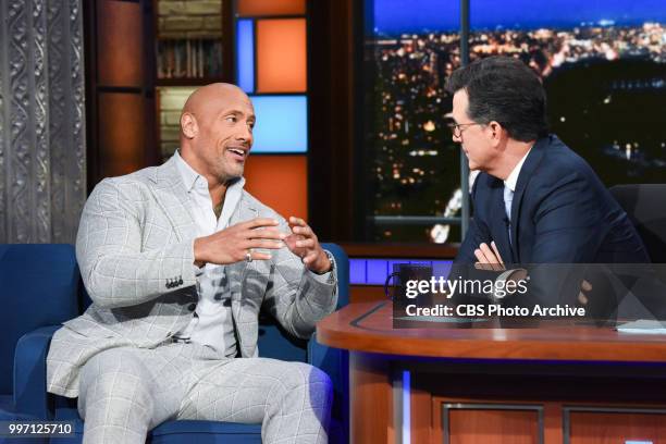 The Late Show with Stephen Colbert and guest Dwayne Johnson during Wednesday's July 11, 2018 show.